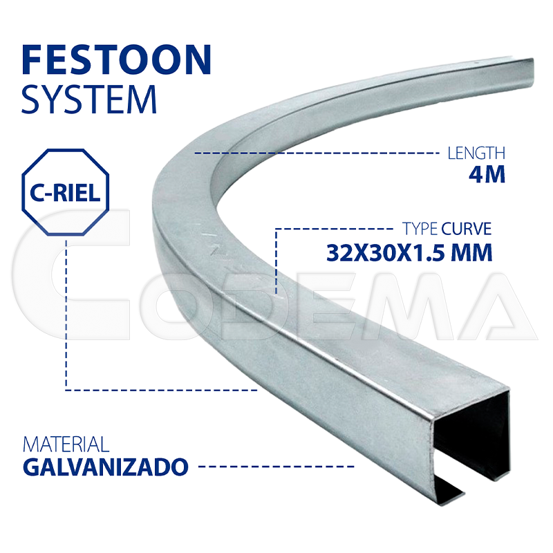 Riel curvo C32 galvanizado para sistema Festoon con carros portacables en grúas puente y polipastos eléctricos